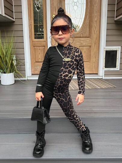 SHEIN Salopetă casual tip patchwork cu imprimeu leopard și culori solide pentru fete tinere