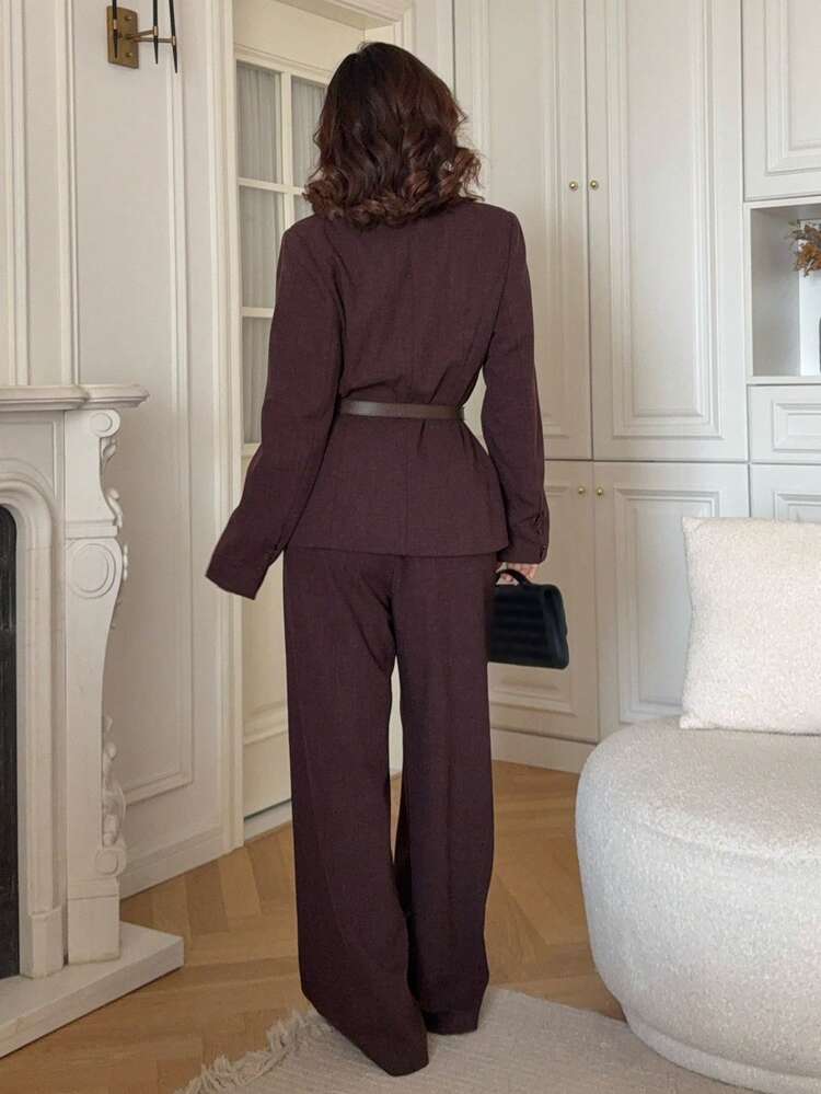 Women's Casual Solid Color Jacket And Wide Leg Pants Suit, Autumn Business Attire