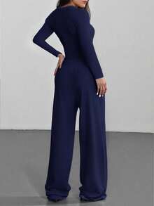 SHEIN EZwear 海军蓝加大码女款两件套，骑士印花长袖T恤和裤子 - 藏蓝色 - 查看 2