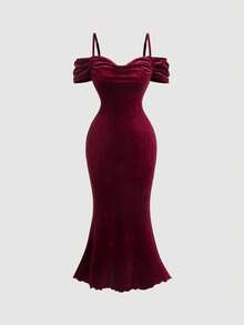 SHEIN MOD Rochie sirenă din satin roșu, cu umeri deschisi, mâneci cu volane, rochie de sirenă ajustată, rochie de Revelion pentru femei, rochie de bal mascat, rochie roșie sexy, rochie de costum de zână, rochie de zână, rochie sexy de petrecere, ținută de concert pentru femei, haine de Revelion pentru femei, rochie de Revelion - Burgundia - Vizualizare 1