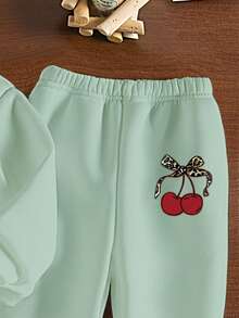 SHEIN 1 Set Baby Girls Casual Fashionable Cute Leopard Bow Cherry Pattern Crew Neck Sweatshirt And Sweatpants Set, Autumn/Winter Infant Outfits