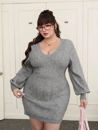 SHEIN EZwear 大码时尚深V领修身针织连衣裙，灰色女士秋冬装