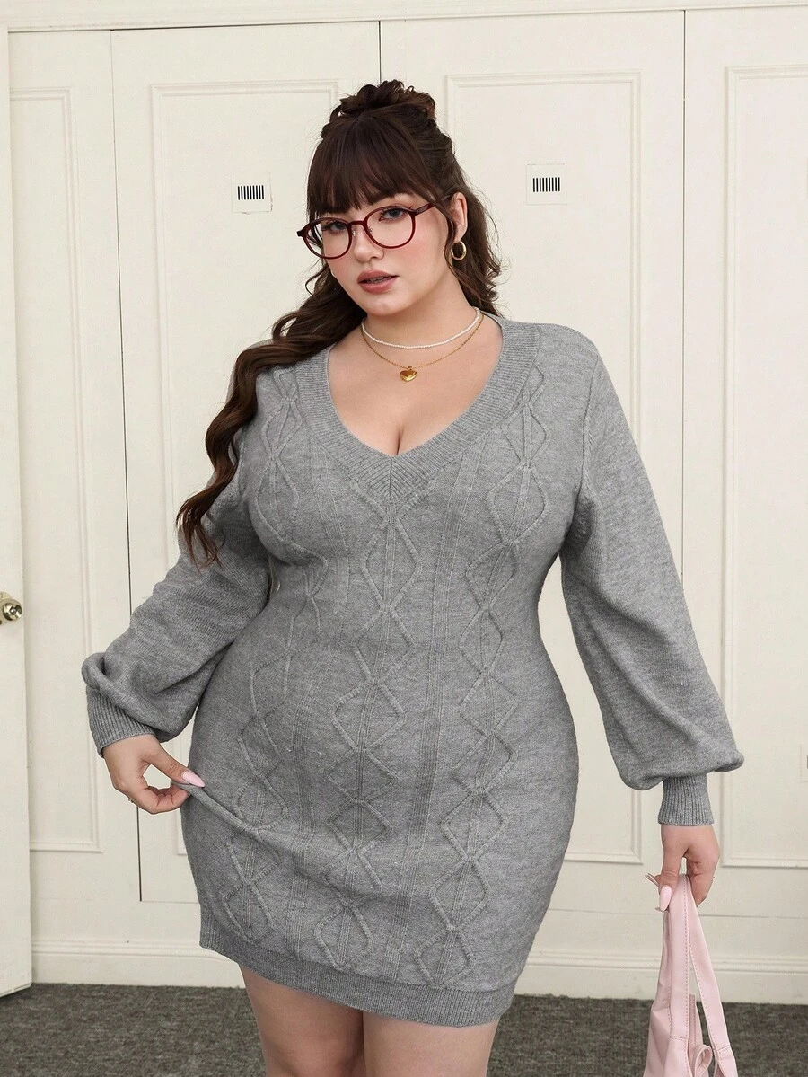 SHEIN EZwear 大尺碼時尚深V領修身針織洋裝,灰色秋冬款 - 灰色 - 查看 1