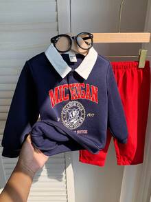 SHEIN Bộ 2 quần áo nỉ có mũ họa tiết chữ màu xanh navy dễ thương thời trang thu đông cho bé trai và quần cạp chun, thích hợp cho tiệc sinh nhật, tiệc rave, tiệc tối, biểu diễn, đám cưới, tháng đầu tiên, lễ rửa tội và lễ kỷ niệm sinh nhật đầu tiên, khách dự tiệc cưới, trang phục rửa tội cho tiệc chào đón em bé - Nhiều màu - Xem 9