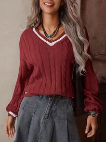 LanaWest Casual Contrast Color Trim Raglan Sweater, Autumn/Winter - Redwood - View 4