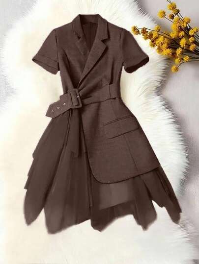 EMERY ROSE Women's Casual Retro Solid Color Contrast Mesh Asymmetric Hem Jacket,Fall