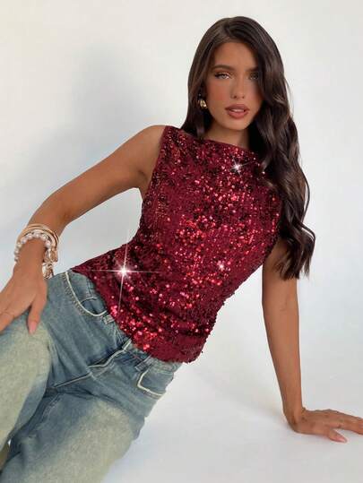 Aloruh Women's Sequin Embellished Sleeveless Crew Neck Bodycon Tank Top, Suitable For Party, Christmas, New Year,Christmas,Red Top