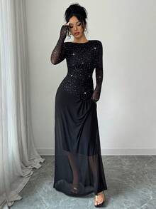 Islaluna Vestido de manga larga elegante con empalme en la cintura, tejido elástico fruncido acanalado y parche de tela de malla transparente, tela de malla de unicolor, negro, otoño/invierno