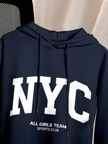 Resyla 女式羊毛连帽连衣裙，配有抽绳和纽约 NYC 字母印花，长袖运动衫图案套装