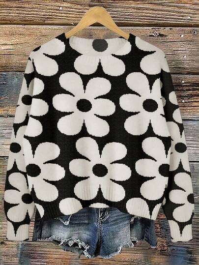 INAWLY Women's Floral Digital Print Pattern Sweater, Women's Round Neck Full-Width Digital Print Pattern Sweater