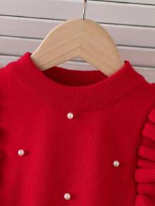 SHEIN Young Girl' Ruffled Beaded Collar Knit A-Line Long Sleeve Dress, Soft & Comfortable For Daily, Outdoor, Travel, Vacation, Home, Daycare Wear Winter Christmas Halloween Toddler Cardigan Sweater Autumn Fall Jumpers Sweaters Tops Dress Dresses Christmas Jumper Cozy Pixies Prepcrw Christmas Outfit Halloween New Born Toddler Fall Winter Dress Halloween Romper Stuff Halloween Jumper Jumper Cardigans Shirts White Cardigan Clean Downtown Off The Shoulder Sweater Outfit Sets Pink Sweater Jacket Cute Fall Outfits Outfits Top Maija Christmas Dress Toddler Fall Dark Purple Skirt Christmas Sweater Fall Sweaters Unisex White Sweater Vest Skirt Sets - Red - View 5