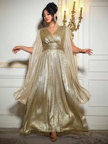 Roveilla Plus Size Elegant Party Metallic V-Neck Ruched Dress, Party Wear - Champagne - View 6
