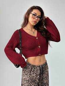 SHEIN PETITE Women's Solid Color Lantern Sleeve Button Front Rib Knit Cardigan, In Fall/Winter Cardigan Cropped Crop Top Sweater Knit Tops Christmas For Women New Year Autumn/Winter - Burgundy - View 7