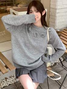 DAZY 女式花卉图案圆领长袖套头衫，宽松版型，秋冬 - 灰色 - 查看 5