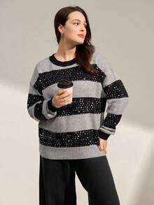 Momelise 博主同款休闲宽松钉珠条纹卫衣阔腿裤两件套欧美新款 - 彩色 - 查看 5