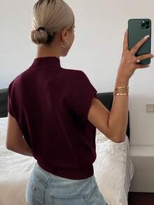 Livesso Blusa de punto casual de manga corta con cuello alto y efecto murciélago, unicolor, para otoño - Burdeos - Ver 2