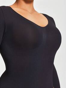 SHAPORA Seamless V-Neck Long Sleeve Slim Fit Shapewear Thong Bodysuit Body Shaper Butt Lifter-Tummy Waist Thigh Control  Cozy And Elegant Details - Black - View 4
