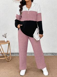 EMERY ROSE Áo thun dệt kim mềm tay dài có khóa kéo cổ áo cỡ lớn phối màu và quần gân mềm mại, trang phục thường ngày 2 món - Nhiều màu - Xem 4