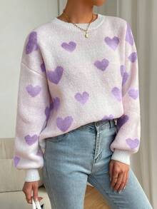 SHEIN Raffinéa Women's Heart Pattern Drop Shoulder Lantern Sleeve Loose Knit Pullover Sweater, Christmas - Multicolor - View 5