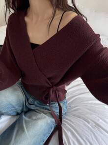 DAZY Damen Einfarbiger Cardigan mit Überwurf-Ärmel, Langarm und Krawattenknoten