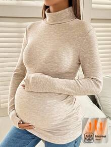 SHEIN Tricou maternitate cu guler înalt, mânecă lungă, casual, ajustat, culoare solidă - Kaki - Vizualizare 3