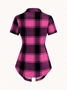 EMERY ROSE AB 拼接领翻领二合一格子短袖 T 恤图案 T 恤女上衣 - 中紫紅色 - 查看 2