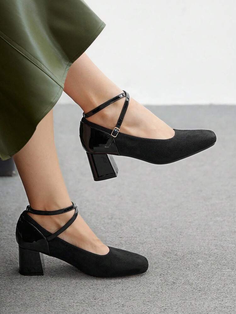 CUCCOO BIZCHIC Women's Fashion Black Ankle Strap Chunky Heel Square Toe High Heels, Suitable For Commuting, Dating, Party, Holiday