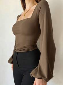 Cévolie Women's Solid Color Sexy Fitted Square Neck Lantern Sleeve Top, Tea Color - Brown - View 4