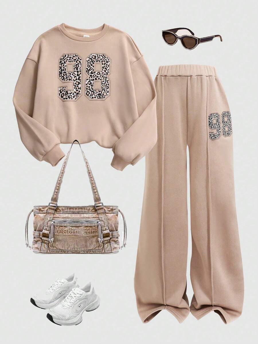 SHEIN Bộ đồ nữ sinh trung học thường ngày phong cách đường phố giản dị họa tiết da báo in số, lót nhiệt, tay áo raglan rộng rãi, cổ tròn và quần ống rộng xếp ly, màu kaki và be, trang phục Y2K cho bé gái, trang phục Y2K, bộ trang phục Y2K, bộ quần áo - Màu Khaki - Xem 1