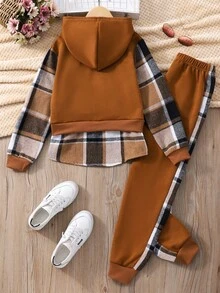SHEIN Conjunto de sudadera con capucha y pantalones de cuadros y patchwork para niña preadolescente - Marrón - Ver 2