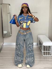 Coolane Women's V-Neck Short Sleeve Loose Casual T-Shirt With Blue Mesh & Numeric Print Y2k Cropped Graphic Tee