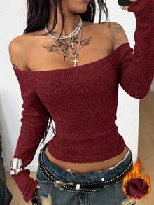 Coolane 女士日常外出穿的垃圾摇滚风灰黑条纹针织露肩长袖T恤 - 酒紅色 - 查看 2