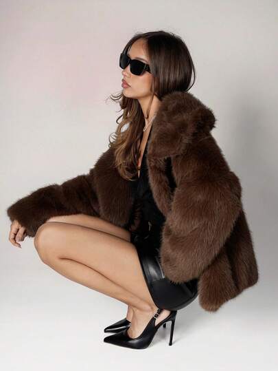 SHEIN ICON 女式纯色超大翻领长袖宽松仿皮草夹克