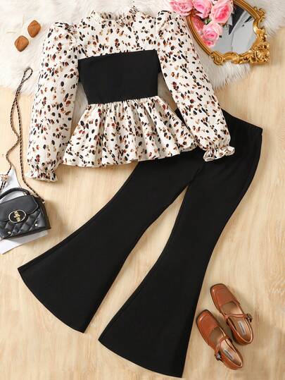 SHEIN 2pcs/Set Teen Girls Knit Solid Color Patchwork Woven Stand Collar Casual Shirt & Fitted Flare Pants Outfit