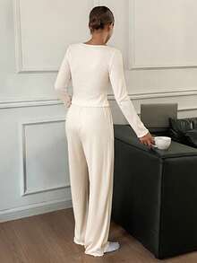 DAZY Comfortable Textured Knit Women Lounge Set, Cozy Outfit Fall Winter Clothes - White - View 2