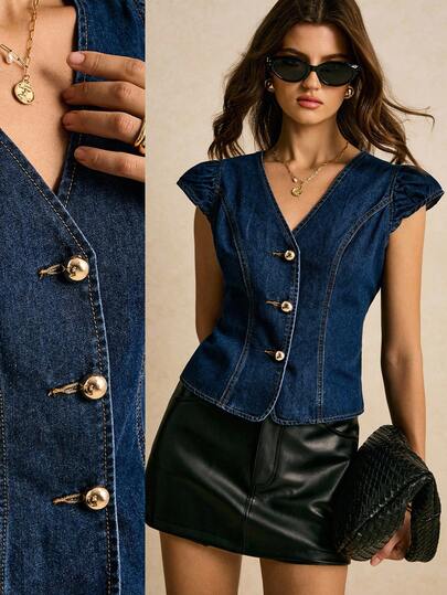 Poéselle 新款女士牛仔上衣 V领收腰短袖上衣 深蓝色牛仔上衣 外出上衣 优雅上衣 约会派对上衣 时尚女式衬衫 优雅女士外出衬衫 圣诞新年冬季