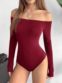 SHEIN EZwear Women's Burgundy Casual Off The Shoulder Bodysuit Knitted Fabric Long Sleeve Plain Tee Off-The-Shoulder Bodysuit Long Sleeve Bodysuit Red Body Suit Red Bodysuit Women Red Off Shoulder Top Wine Red Top Off The Shoulder Long Sleeve Dark Red Top Off The Shoulder Top - Burgundy - View 3