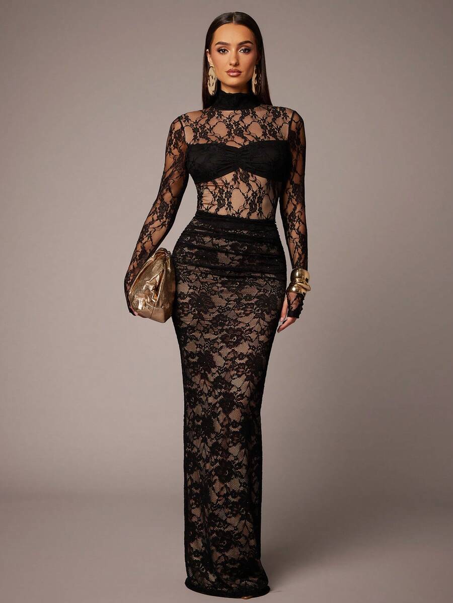 Silquee 黑色蕾丝花卉性感透视褶皱腰身半身裙，适合秋冬季节、圣诞节、情人节、姐妹聚会、约会/外出/夜店派对/聚会、优雅派对/日常约会、浪漫约会等场合。黑色蕾丝长裙，优雅派对/日常约会必备。 - 黑色 - 查看 1