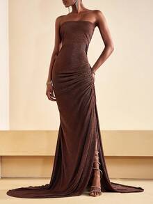 Zivah 2025 秋季新品万圣节生日派对宴会学院风学生日常休闲百搭邮轮旅行热门优雅通勤商务休闲露肩修身高开叉鱼尾下摆连衣裙搭配宽松超长袖罩衫，咖啡色褶皱面料，女士两件套，秋冬 - 鏽棕色 - 查看 2