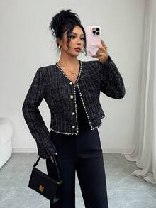 SHEIN Elenzya Women's Elegant Plaid Studded Jacket, Suitable For Dates And Parties, Winter - Black - View 5
