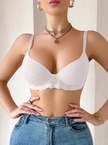 女士纯色蕾丝拼布钢圈文胸 - 白色 - 查看 3