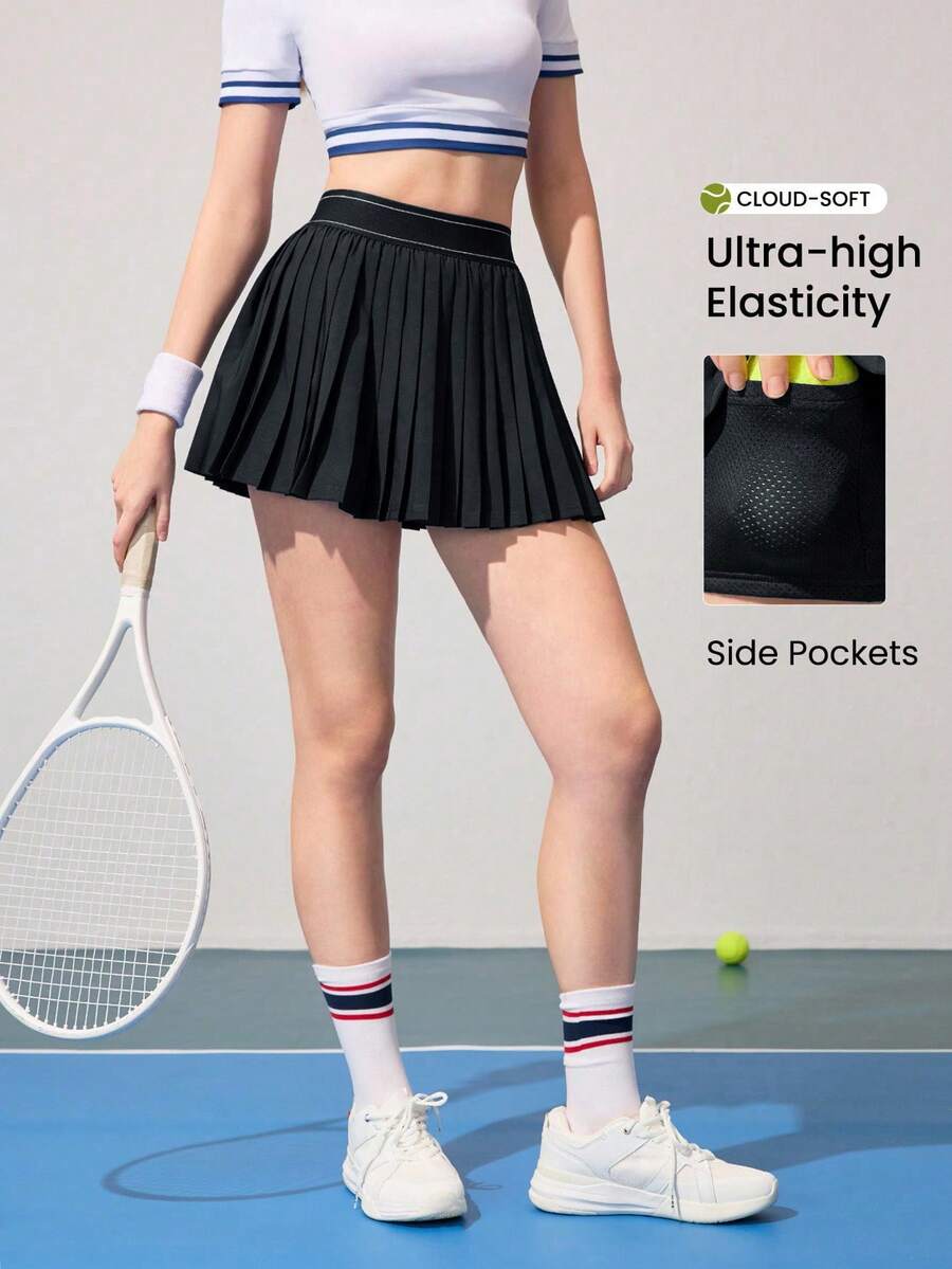 CourtClass Casual Versatile High Elastic Waistband Pleated Yoga Sports Skirt Pants Athletic Skirt With Pockets Black Tennis Skirt Pickleball Skirts Black Pleated Tennis Skirt