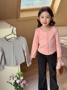 SHEIN Little Byeori 2pcs/Set Young Girls' Casual Round Neck Long Sleeve T-Shirt