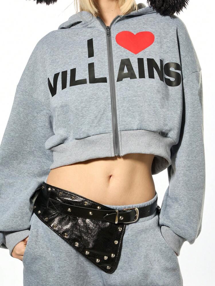 SUMWON sweat-shirt à capuche zippé en polaire avec imprimé "I Love Villains" pour femmes, streetwear casual