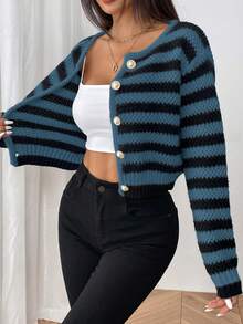 SHEIN PETITE Women's Casual Contrast Striped Cropped Cardigan - Blue - View 4