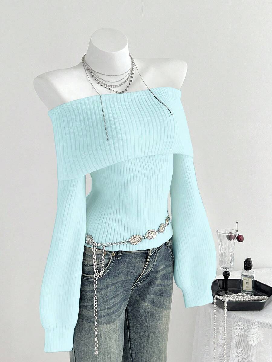 Elamini Casual Versatile Solid Color Off-Shoulder Lantern Sleeve Sweater - Blue - View 1