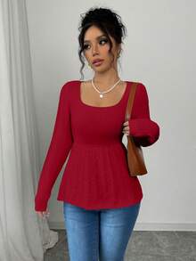 Elenzga Áo len bó eo màu trơn thường ngày, Thu/Đông - Đỏ - Xem 6