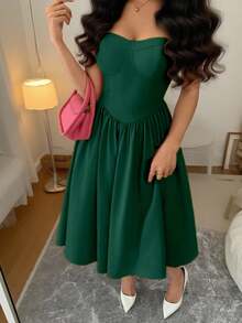 Rafferiza Váy xòe eo dây mảnh thời trang đa năng dự tiệc cho nữ, mùa thu/đông - Màu xanh lá cây đậm - Xem 4