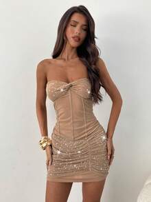 Aloruh Women's Elegant Rhinestone Embellished Strapless Mini Dress, Chic Beige 70s Night Out Party Summer Autumn Winter One-Piece Party Dress For Ladies - Apricot - View 5