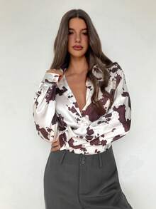 Aloruh Áo dài tay nữ họa tiết bò, phong cách Bohemian thường ngày đa năng in hình bò cho nữ, áo cài nút bằng lụa, áo công sở, áo cánh công sở thường ngày cho nữ, trang phục dự tiệc, câu lạc bộ, mùa thu cho nữ, mùa đông cho nữ, mùa thu cho nữ, áo sơ mi nữ in hình bò mùa thu - Nhiều màu - Xem 5